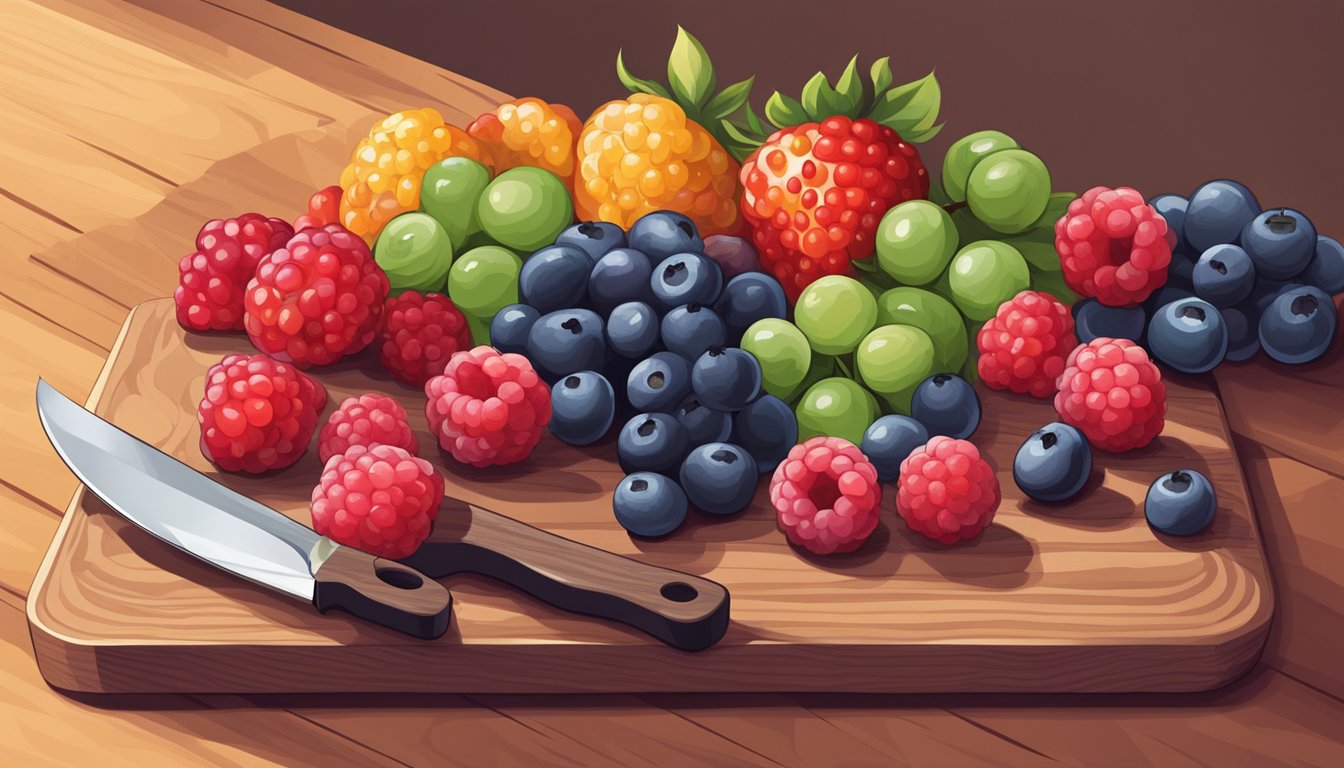 A colorful assortment of ripe berries arranged on a wooden cutting board with a knife beside them