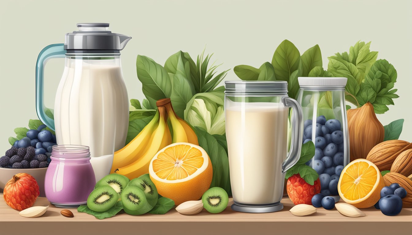 A table with an array of vibrant fruits, leafy greens, nuts, and seeds, surrounded by a blender and various containers of yogurt, almond milk, and honey