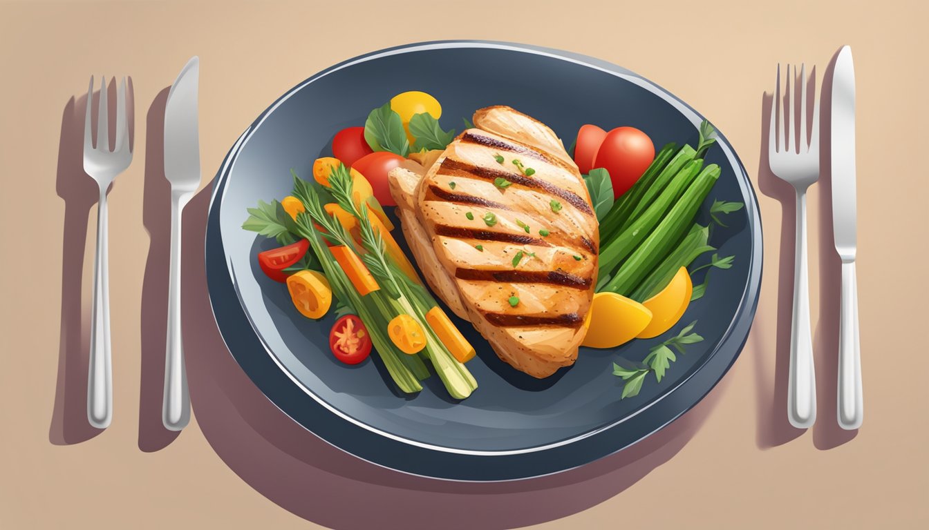 A grilled chicken breast surrounded by colorful, nutrient-rich vegetables on a clean, modern plate