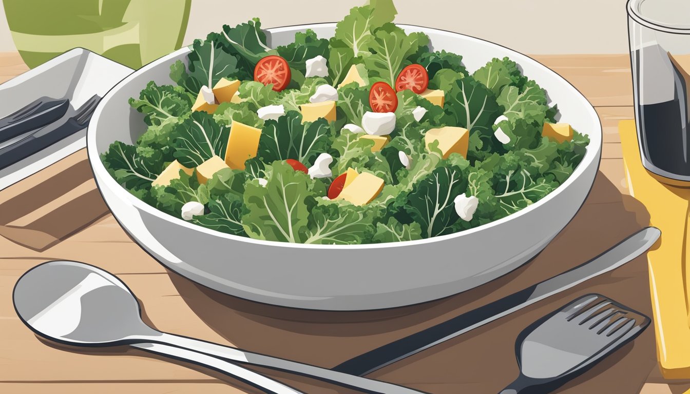 A colorful bowl of kale Caesar salad surrounded by fresh ingredients on a modern work lunch table