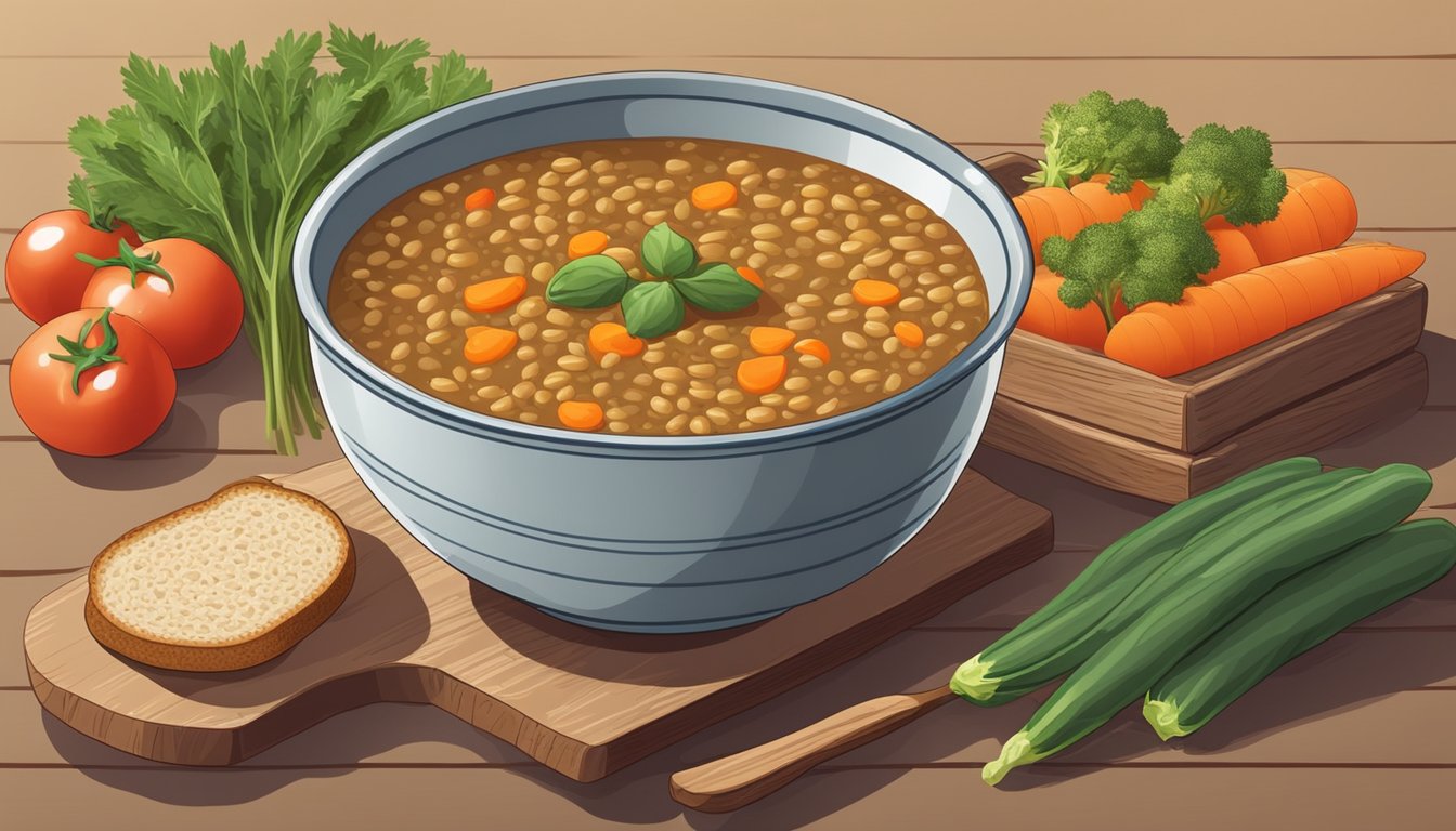 A steaming bowl of lentil soup sits on a wooden table, surrounded by fresh vegetables and a slice of whole grain bread