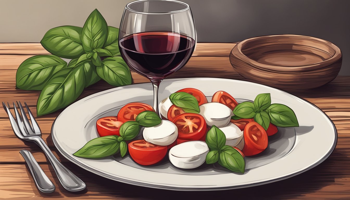 A rustic wooden table set with a plate of vibrant, fresh Caprese Salad topped with basil leaves, accompanied by a glass of red wine