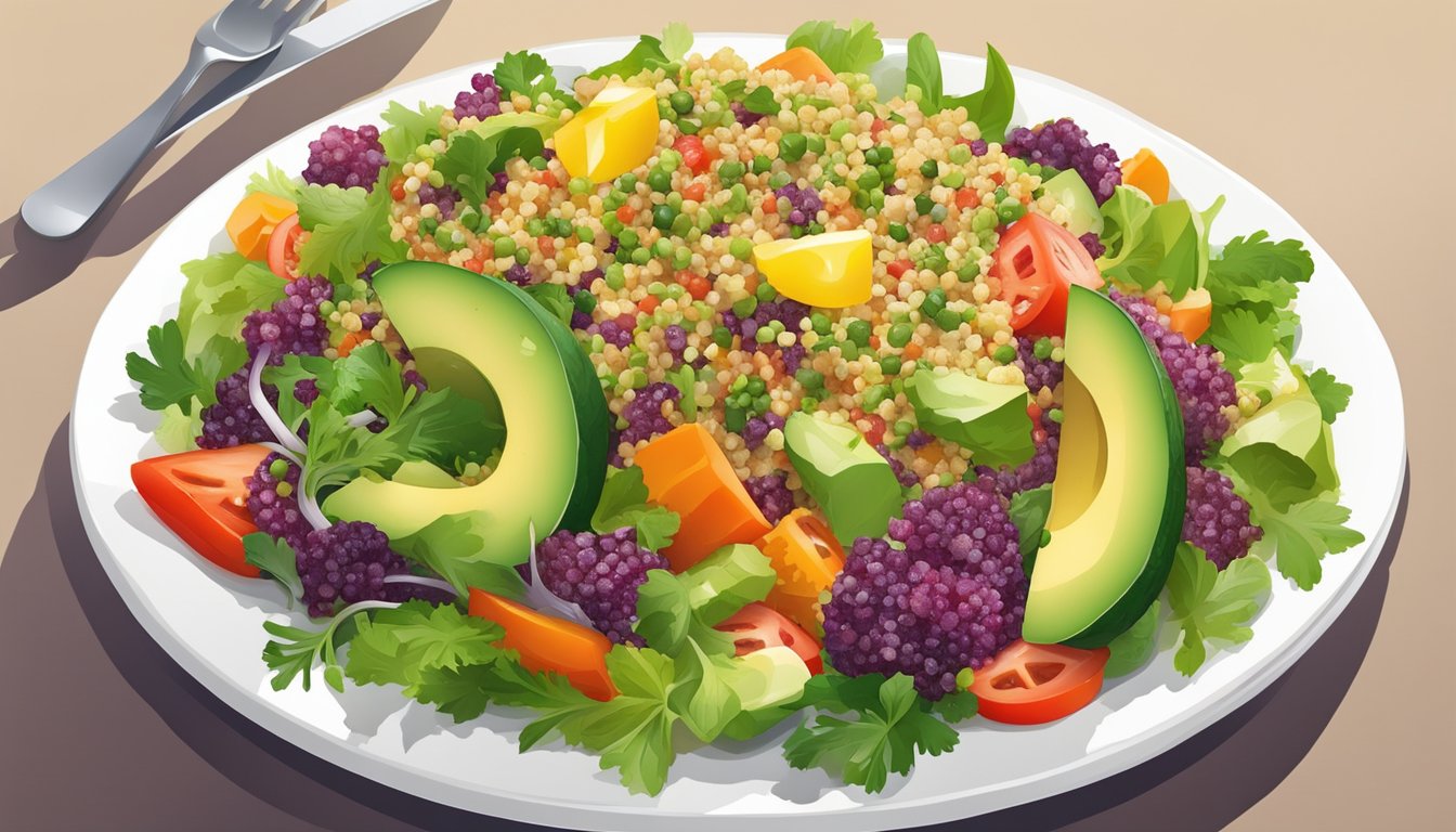 A colorful quinoa salad with ripe avocado, fresh vegetables, and vibrant greens arranged on a white plate, evoking a sense of health and vitality