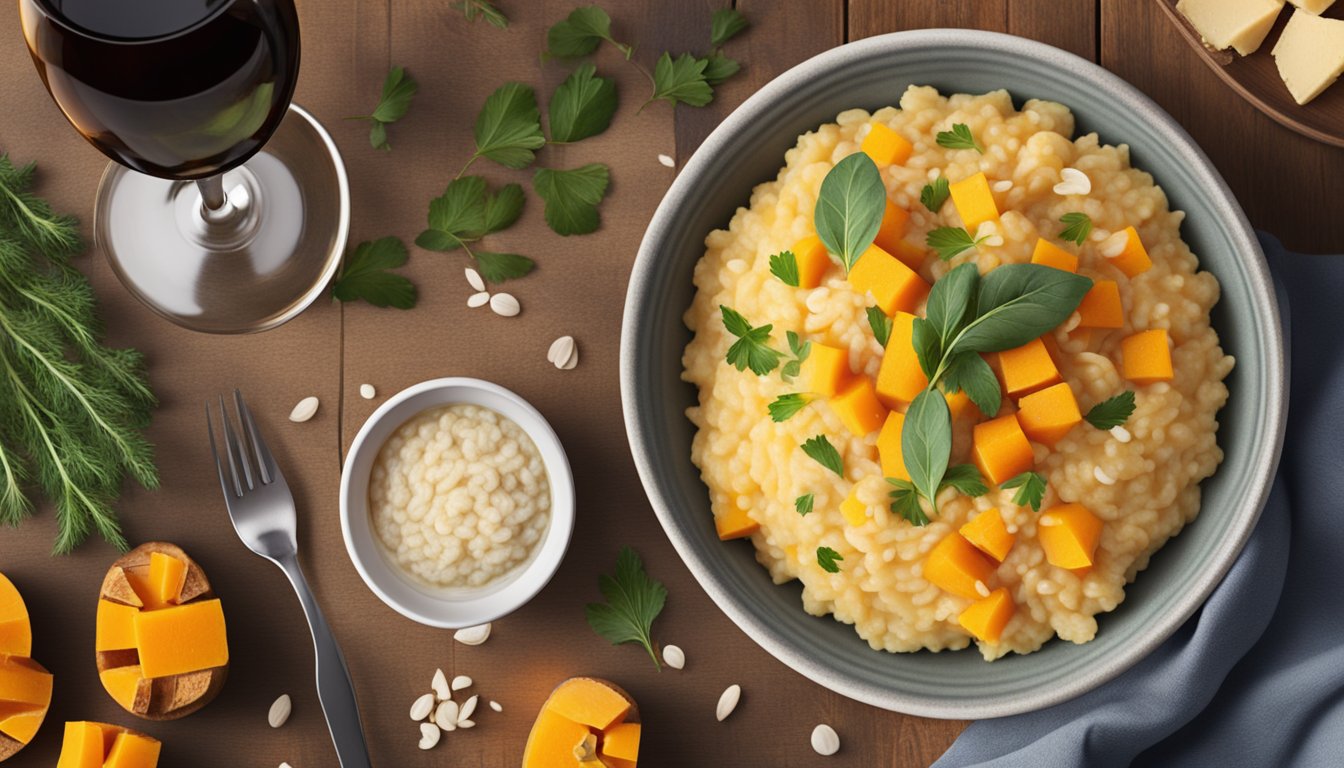 A steaming bowl of butternut squash risotto on a rustic wooden table, surrounded by soft candlelight and a bottle of wine