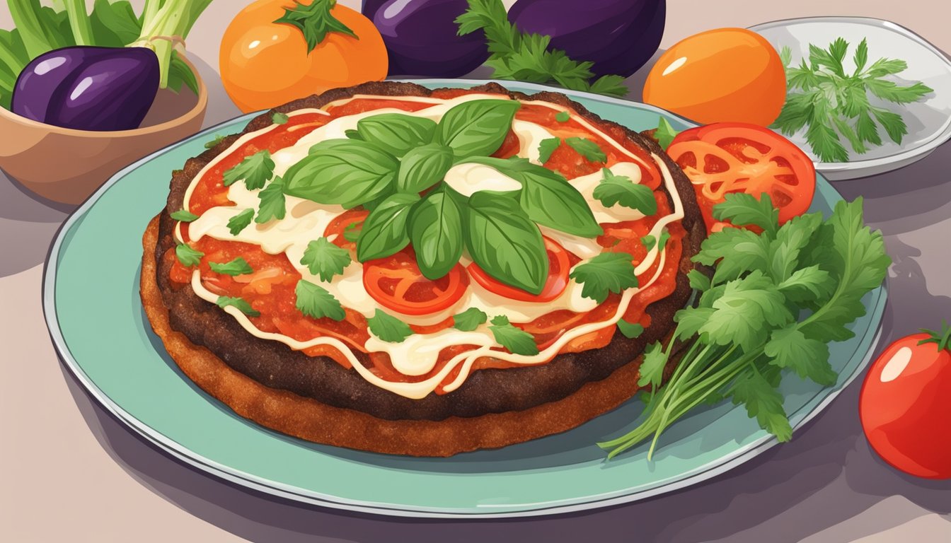 A colorful plate of eggplant parmesan surrounded by fresh vegetables and herbs