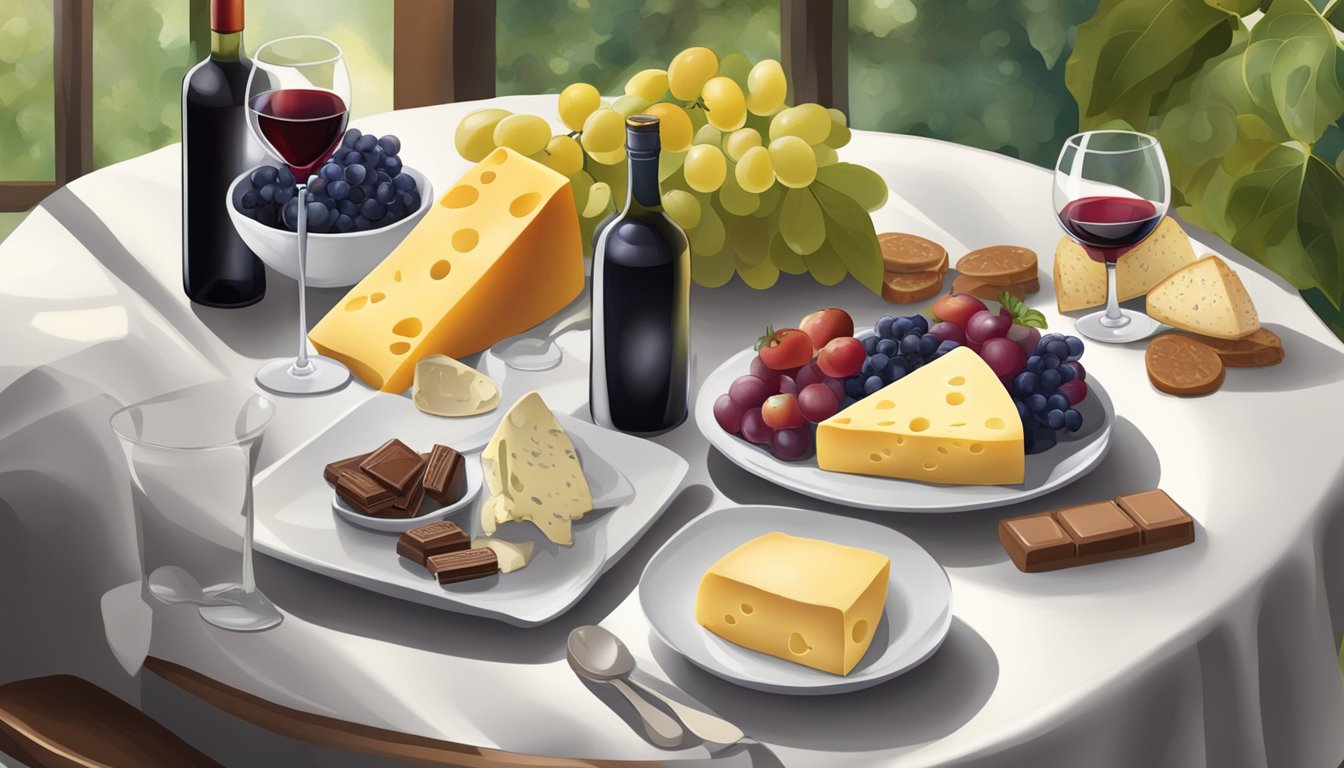 A table set with a bottle of wine, two glasses, and a spread of cheese, fruits, and chocolates