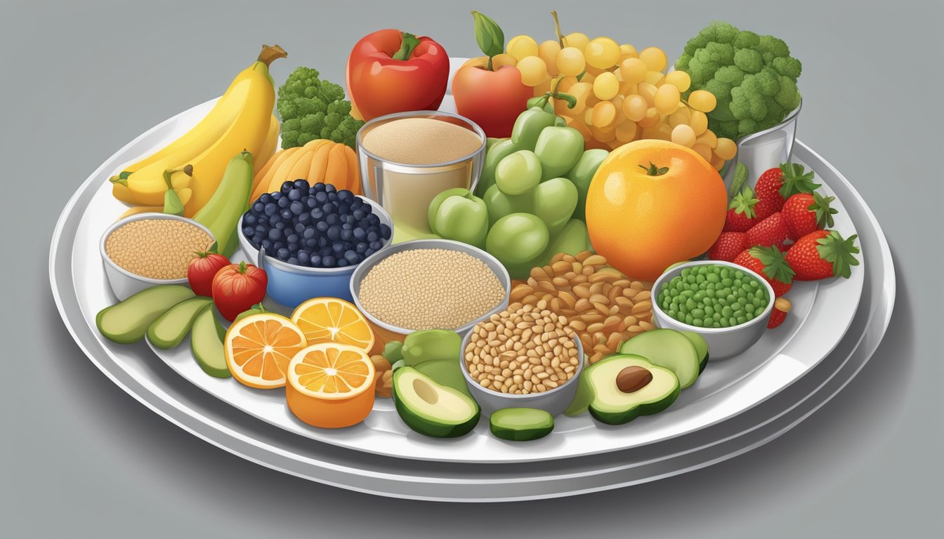 A colorful array of fruits, vegetables, grains, and proteins arranged on a plate, showcasing a variety of food groups for a nutritious work lunch