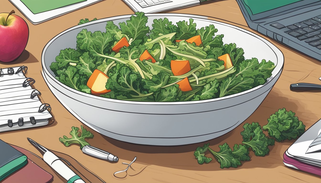 A colorful bowl of kale and apple slaw surrounded by fresh produce and office supplies on a communal table at a busy office potluck