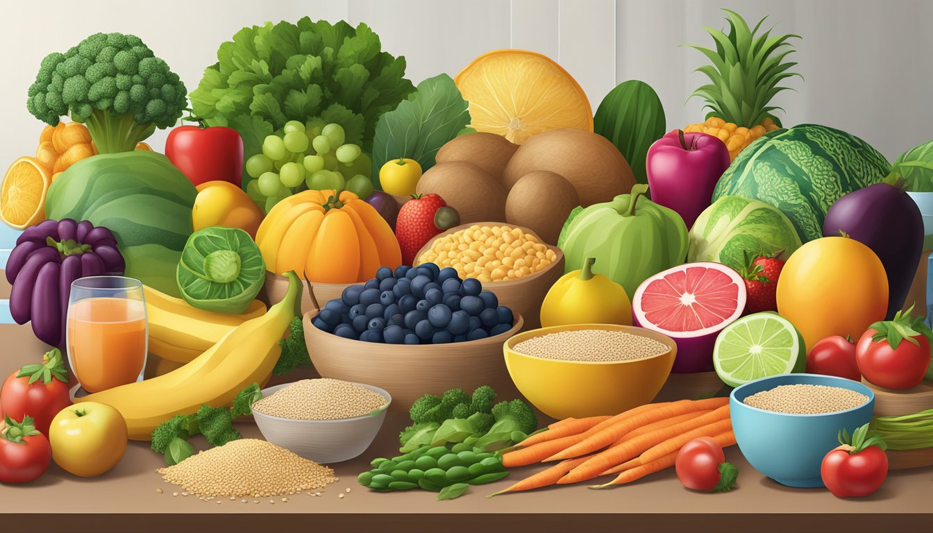 A colorful array of fresh fruits, vegetables, whole grains, and lean proteins arranged on a clean, organized workspace