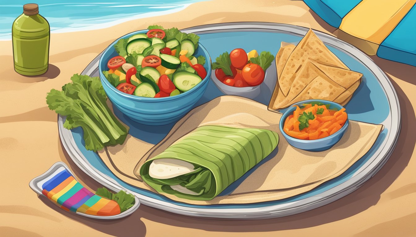 A colorful beach towel spread out on the sand, with a plate of hummus and veggie wraps, surrounded by a bottle of water and a sun hat