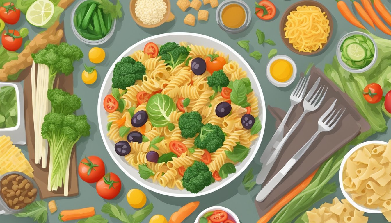 A colorful bowl of whole wheat pasta salad surrounded by fresh vegetables and a variety of healthy ingredients, set on a table at an office potluck