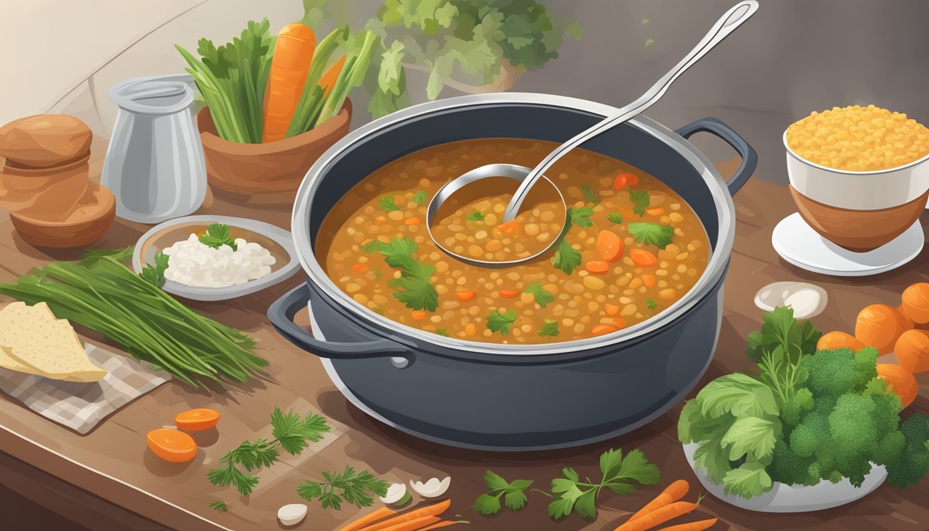 A steaming pot of lentil soup surrounded by fresh vegetables and herbs, set on a table at an office potluck