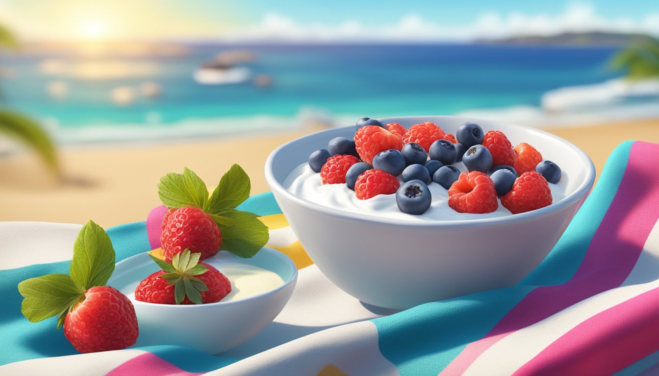 A bowl of Greek yogurt topped with fresh berries sits on a colorful beach towel, with the ocean in the background