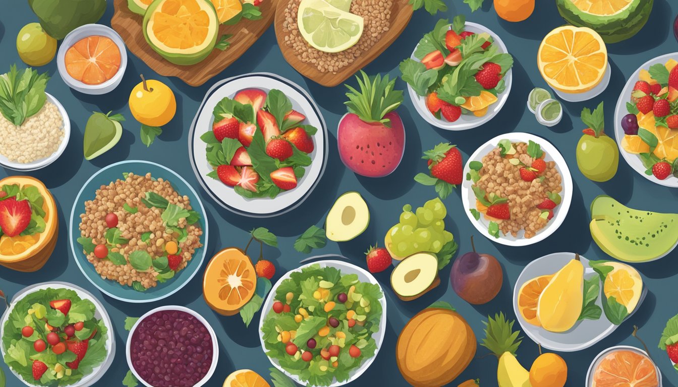 A colorful spread of fresh fruits, vibrant salads, and hearty whole grain dishes arranged on a communal table at an office potluck