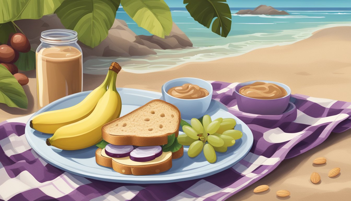 A picnic blanket on a sandy beach with a plate holding an almond butter and banana sandwich, surrounded by a bottle of water and a bunch of grapes