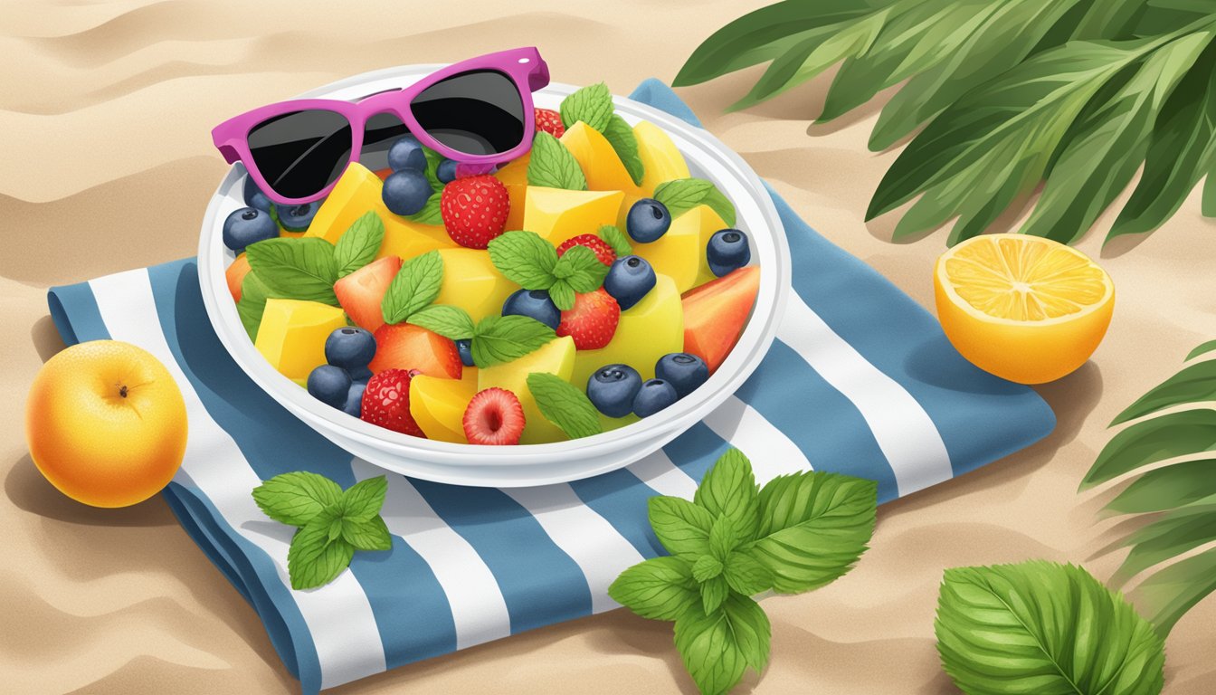 A colorful fruit salad with fresh mint leaves, set on a beach towel next to a sun hat and sunglasses