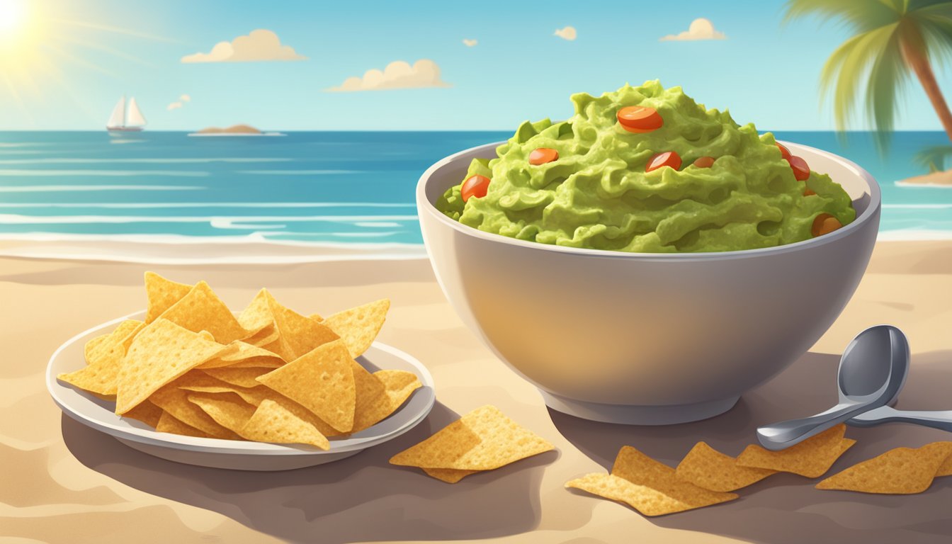 A bowl of guacamole sits next to a pile of whole grain chips on a sandy beach. The sun shines down on the healthy snack, perfect for a day by the ocean