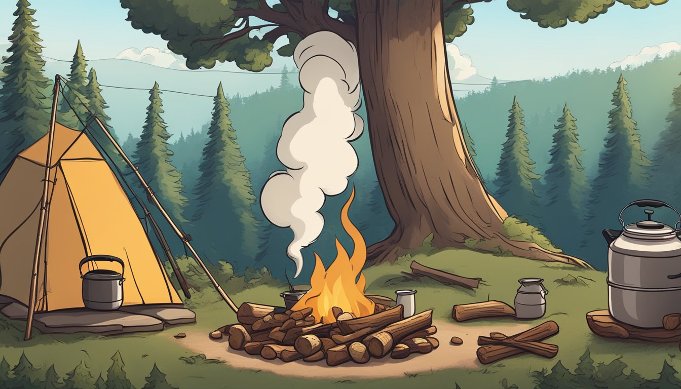 A steaming pot of beans and rice sits atop a crackling campfire, surrounded by towering trees and a cozy camping setup