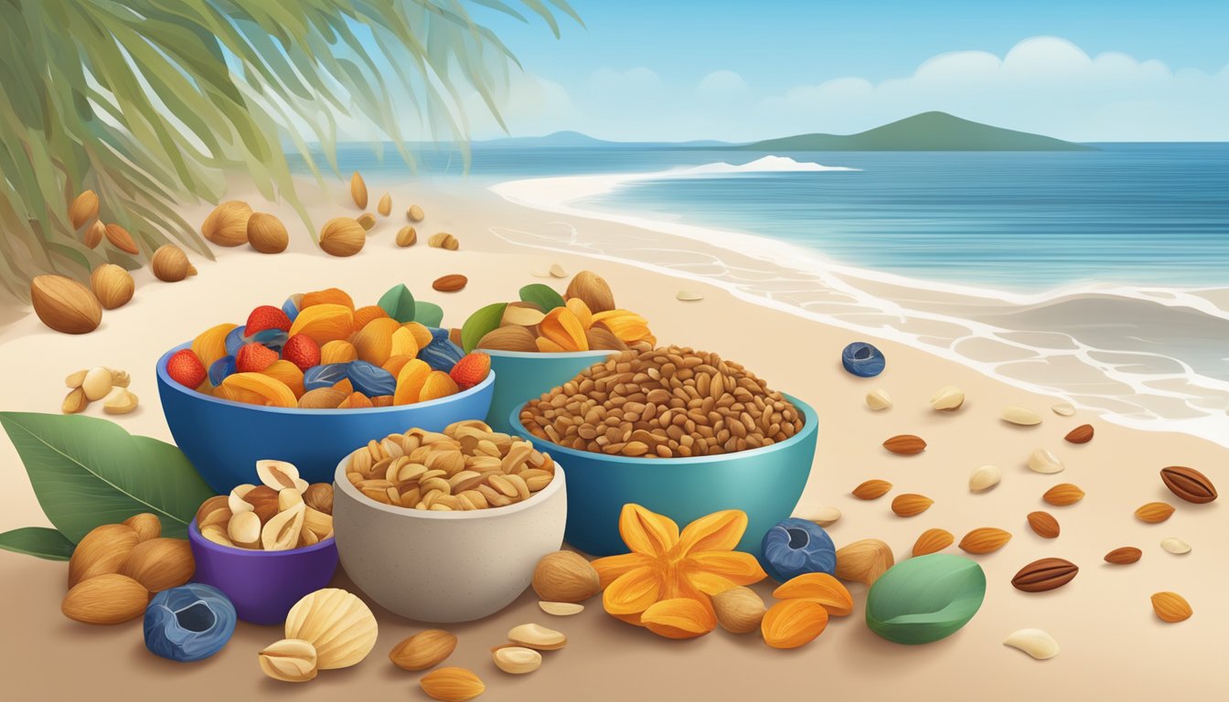 A beach scene with a colorful assortment of nuts, seeds, and dried fruit in a bowl, surrounded by a sandy shoreline and ocean waves