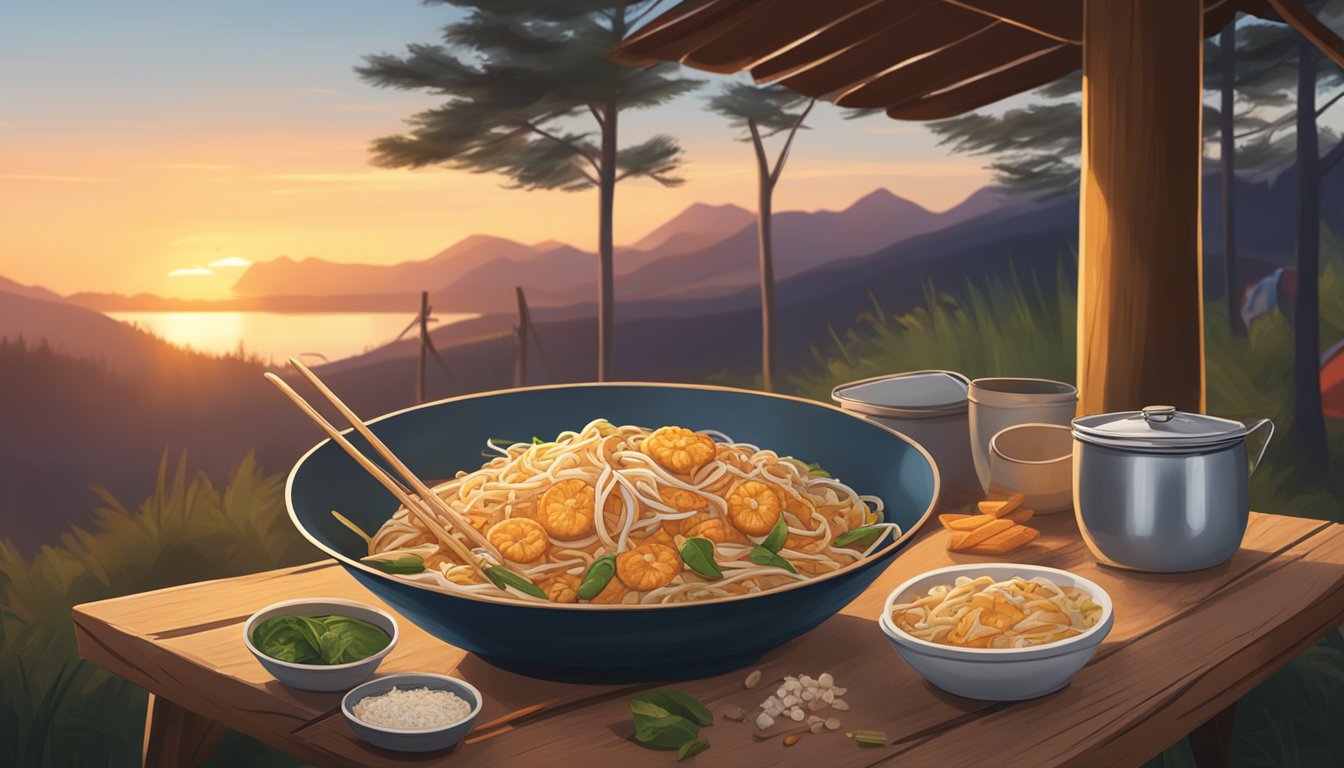 A steaming bowl of Pad Thai sits on a rustic camp table, surrounded by camping gear and a crackling fire. The sun sets in the background, casting a warm glow over the scene