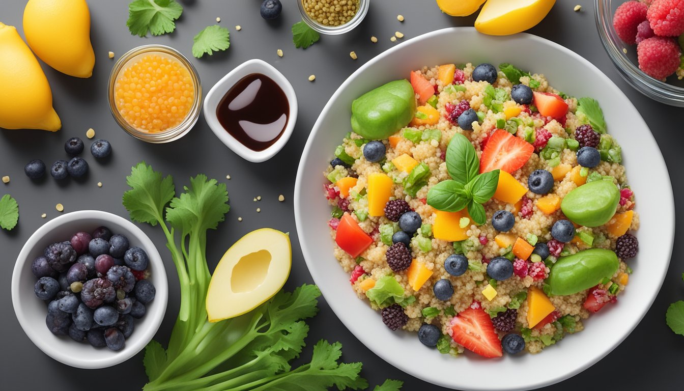 A bowl of colorful quinoa salad surrounded by fresh vegetables and fruits, with a glass of water on the side, set on a clean, white plate