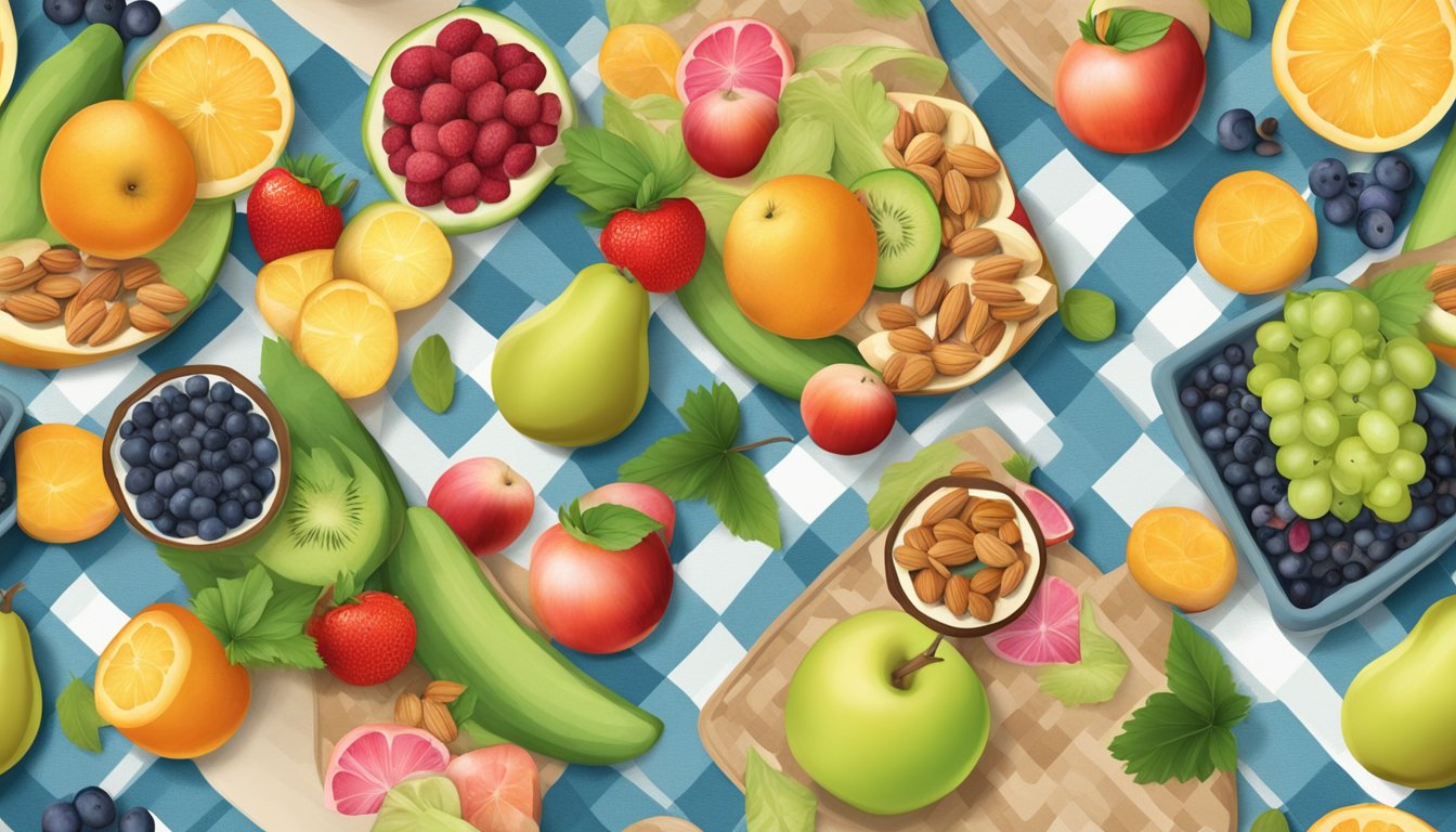 A picnic blanket on a sandy beach, with a colorful assortment of fresh fruits, vegetables, and nuts arranged in a stylish and inviting display