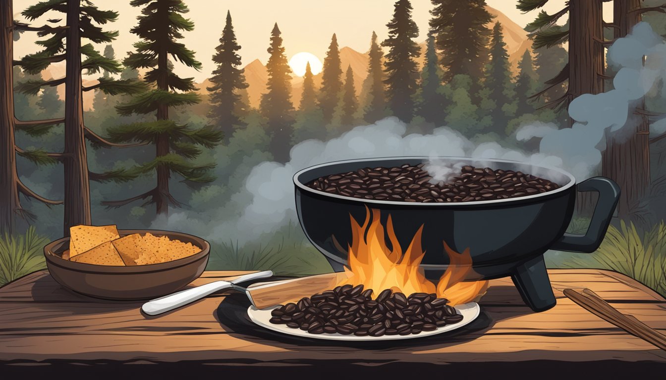 A steaming bowl of Santa Fe Black Beans & Rice sits on a rustic camping table, surrounded by pine trees and a crackling campfire