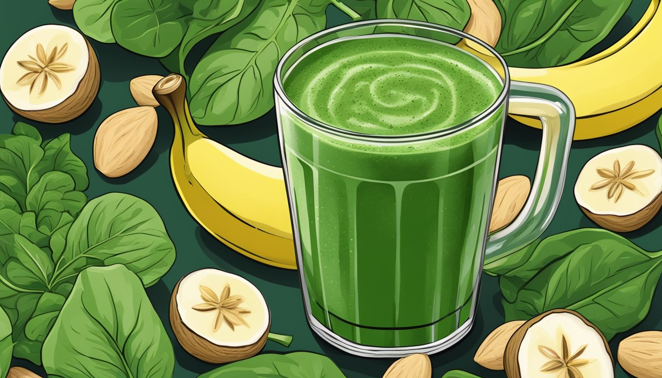 A glass filled with vibrant green spinach smoothie surrounded by fresh spinach leaves, a banana, and a handful of almonds