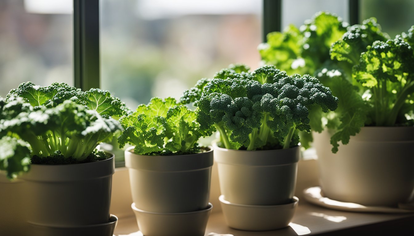 Lush kale plants in 12-inch pots on sunny windowsill, bathed in natural light