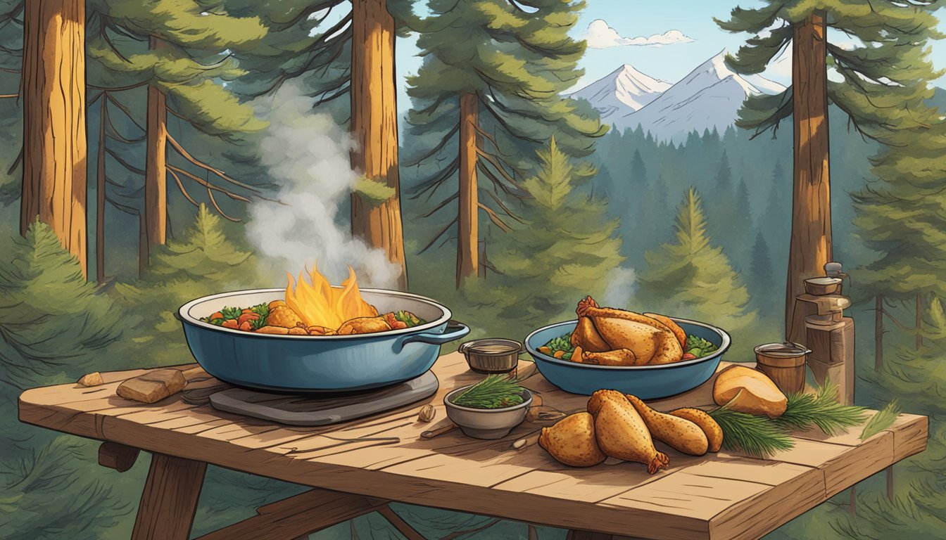 A steaming bowl of Trailtopia Chicken A La King sits on a camp table surrounded by pine trees and a crackling campfire