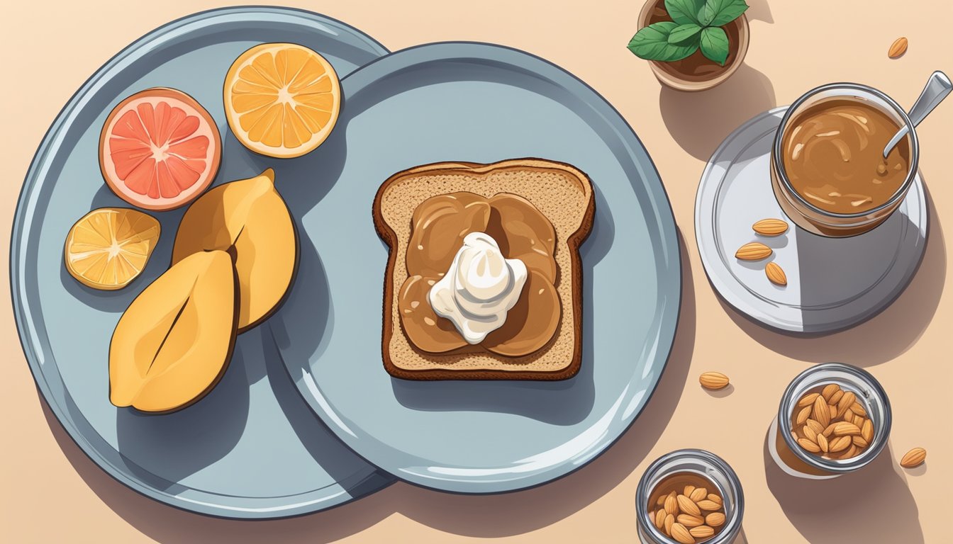 A plate with whole grain toast topped with almond butter, alongside a glass of water and a piece of fruit, sits on a table