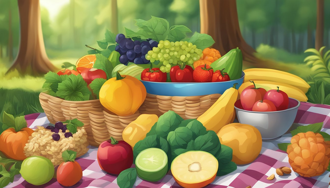 A colorful array of fresh fruits, vegetables, nuts, and grains spread out on a checkered picnic blanket in a lush, wooded camping area