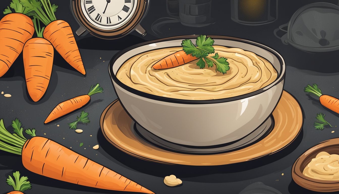 A bowl of hummus surrounded by fresh carrots, set against a dark background with a clock showing a late night time