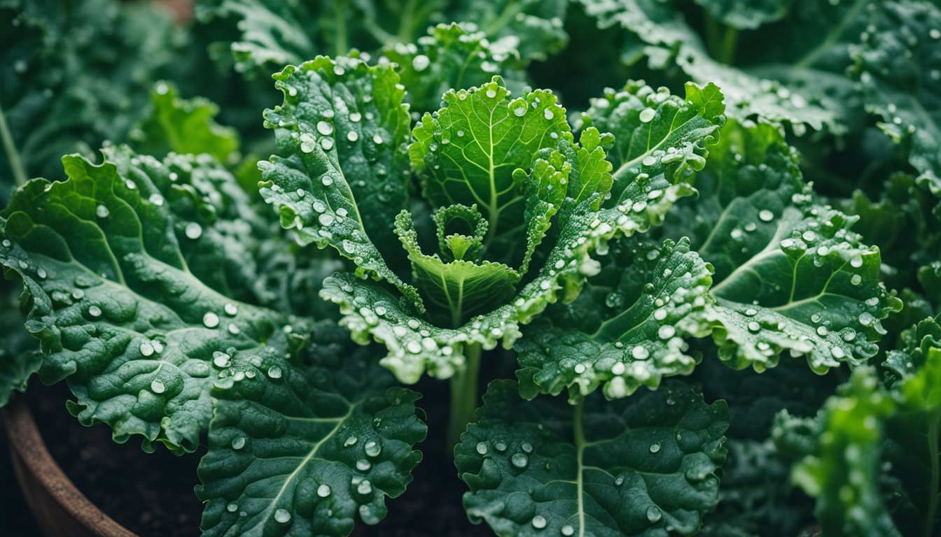 A healthy kale plant in a 12-inch pot, rich soil, water droplets on leaves, indoors