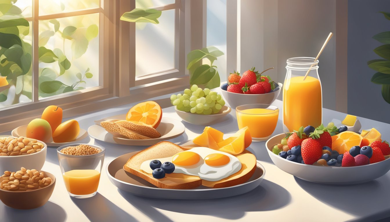 A vibrant breakfast spread with fruits, whole grains, and protein-rich foods, surrounded by energetic morning sunlight streaming through a window