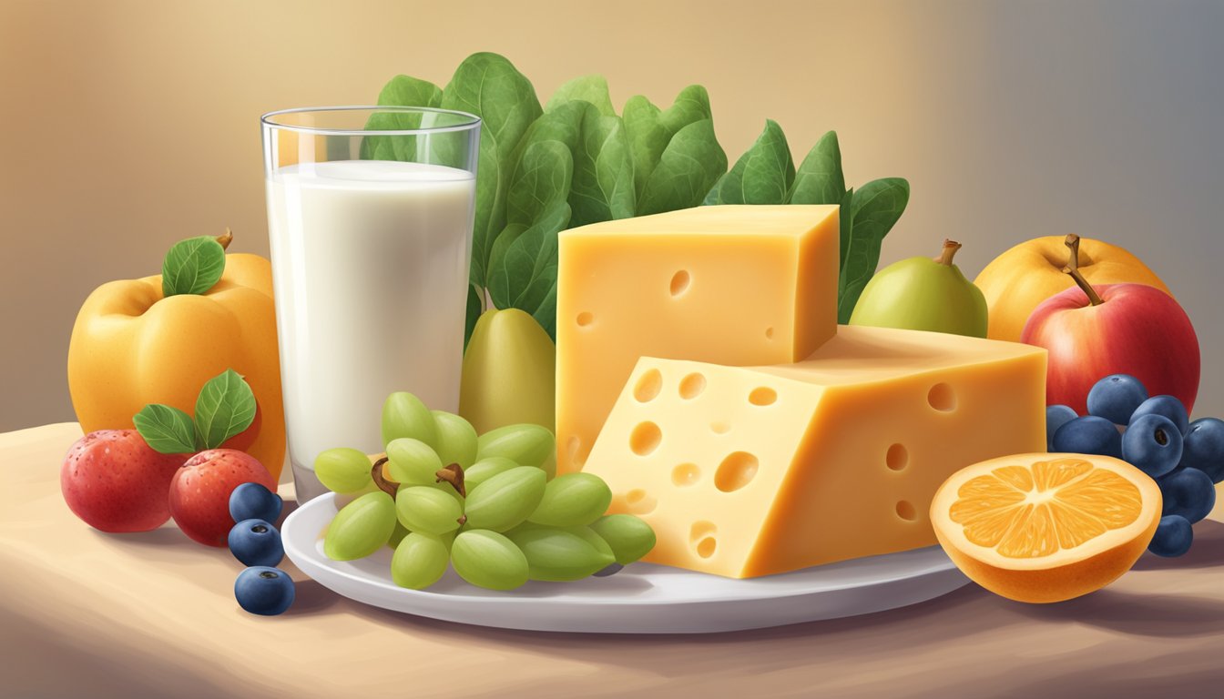 A block of lactose-free cheddar cheese surrounded by colorful fruits and vegetables, with a glass of almond milk in the background