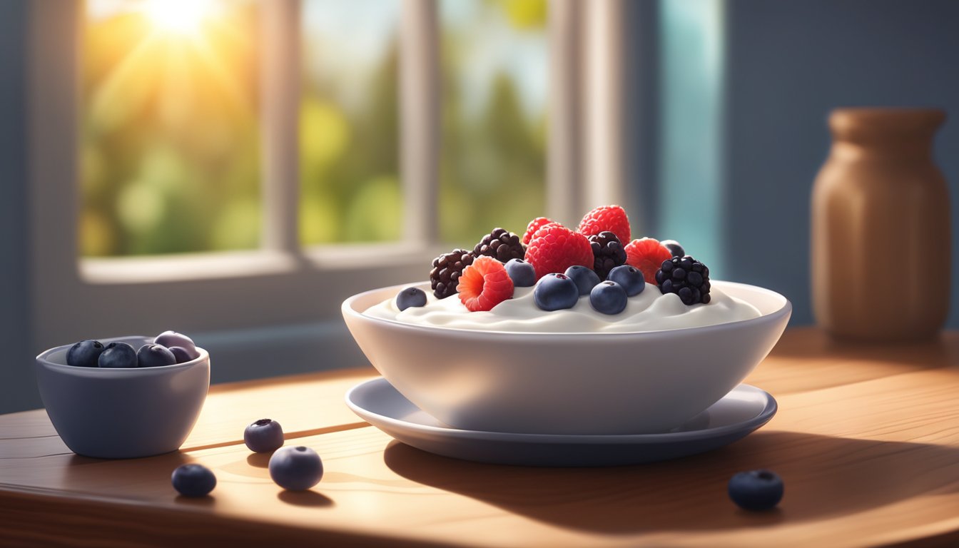 A bowl of Greek yogurt topped with fresh berries on a wooden table. Sunlight streams in through a nearby window, casting a warm glow on the nutritious post-workout meal