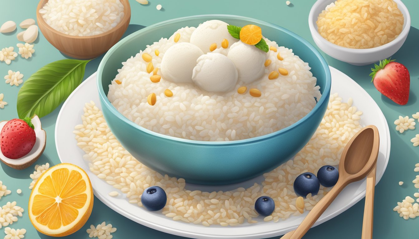 A bowl of creamy rice ice cream surrounded by fresh rice grains and a variety of lactose-free toppings