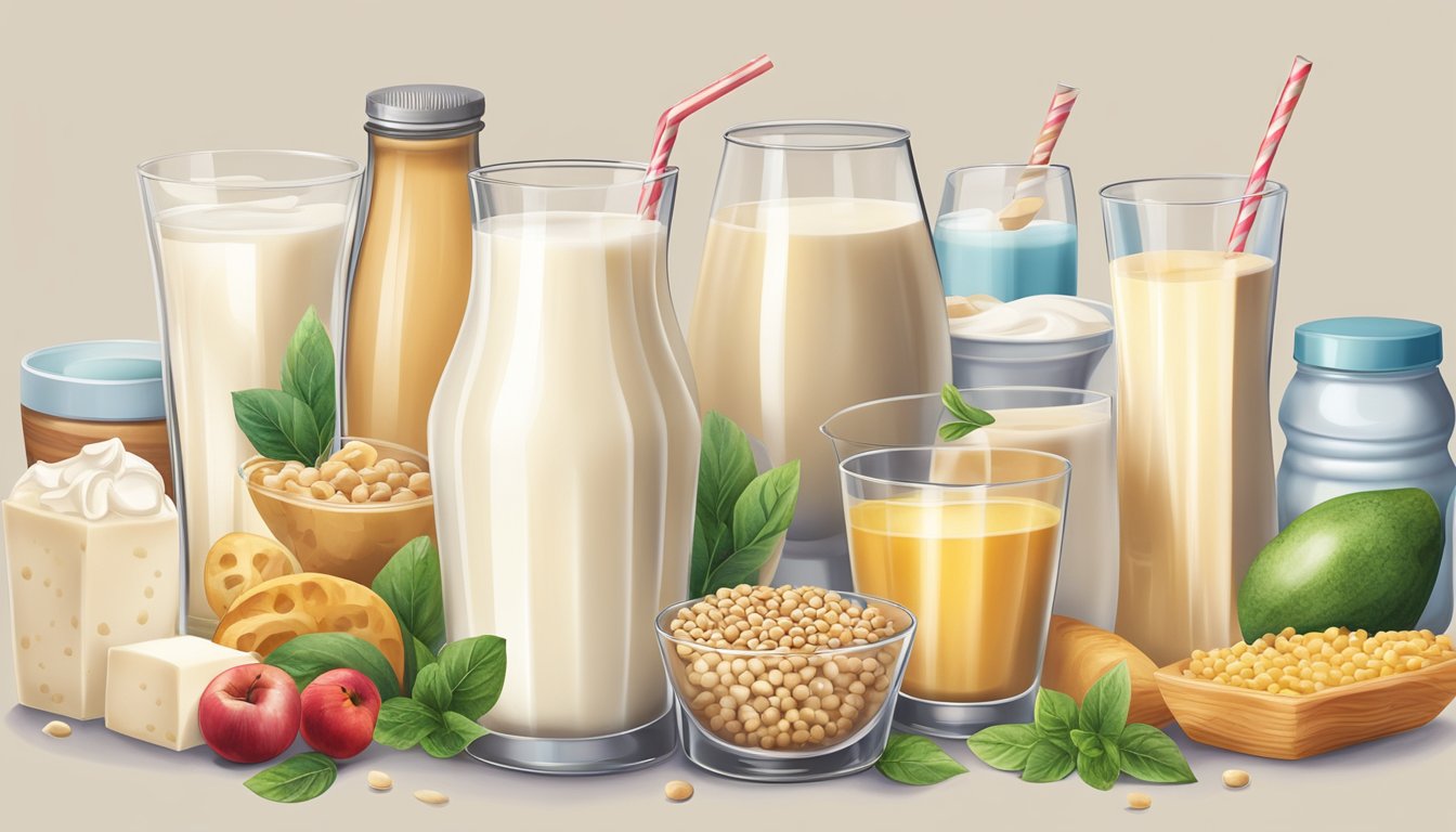 A glass of soy milk surrounded by various lactose-free foods