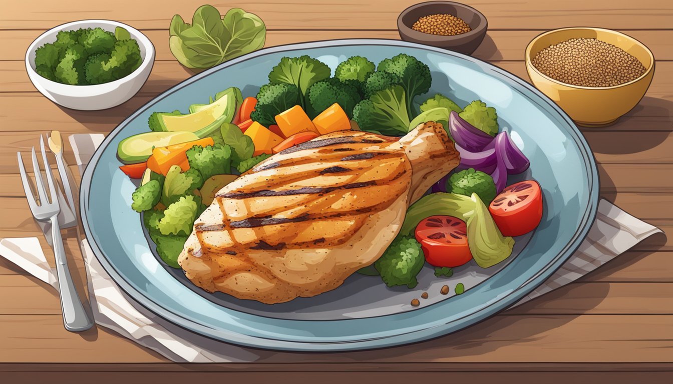 A grilled chicken breast on a plate with colorful vegetables and a side of quinoa