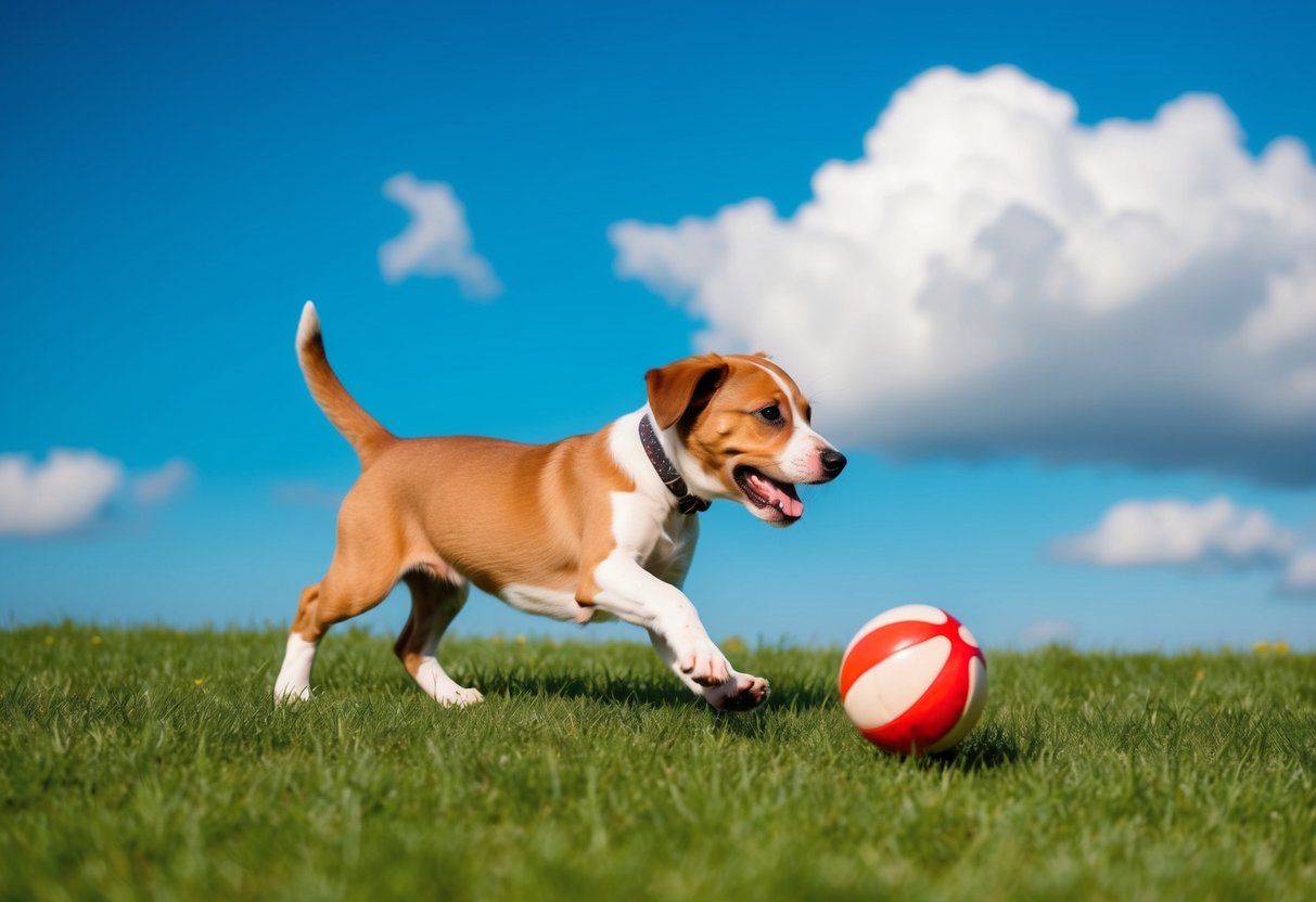 A playful puppy chasing a ball in a grassy field, with a bright blue sky and fluffy white clouds in the background