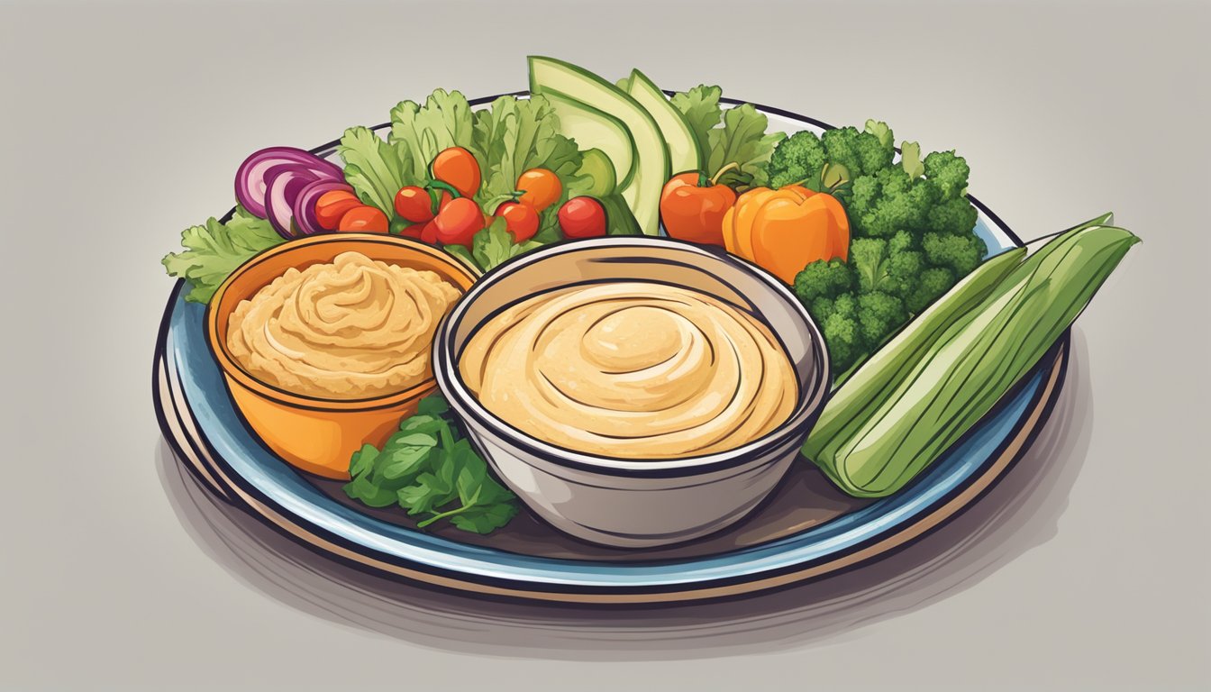 A colorful plate with a scoop of hummus, whole grain pita, and sliced vegetables arranged neatly