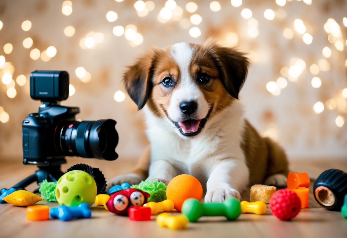 A playful puppy surrounded by various toys and treats, with a camera set up to capture the adorable antics
