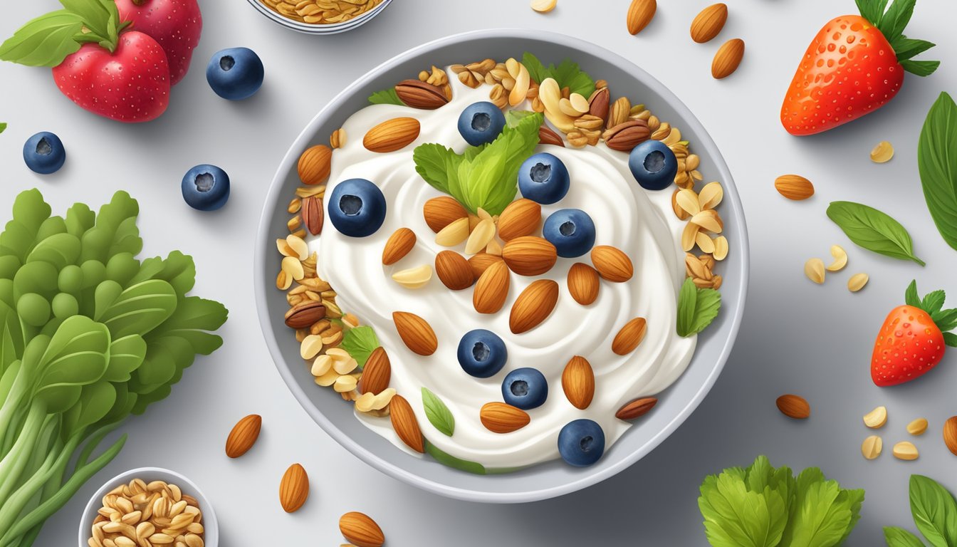 A bowl of Greek yogurt topped with nuts, seeds, and fruit, surrounded by fresh vegetables and whole grains