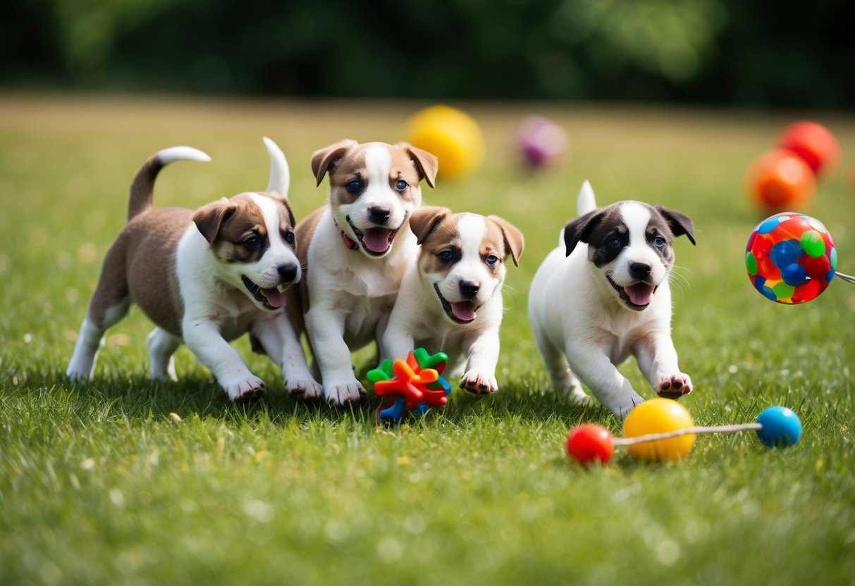 A playful litter of puppies romping in a grassy field, chasing after colorful toys and interacting with each other
