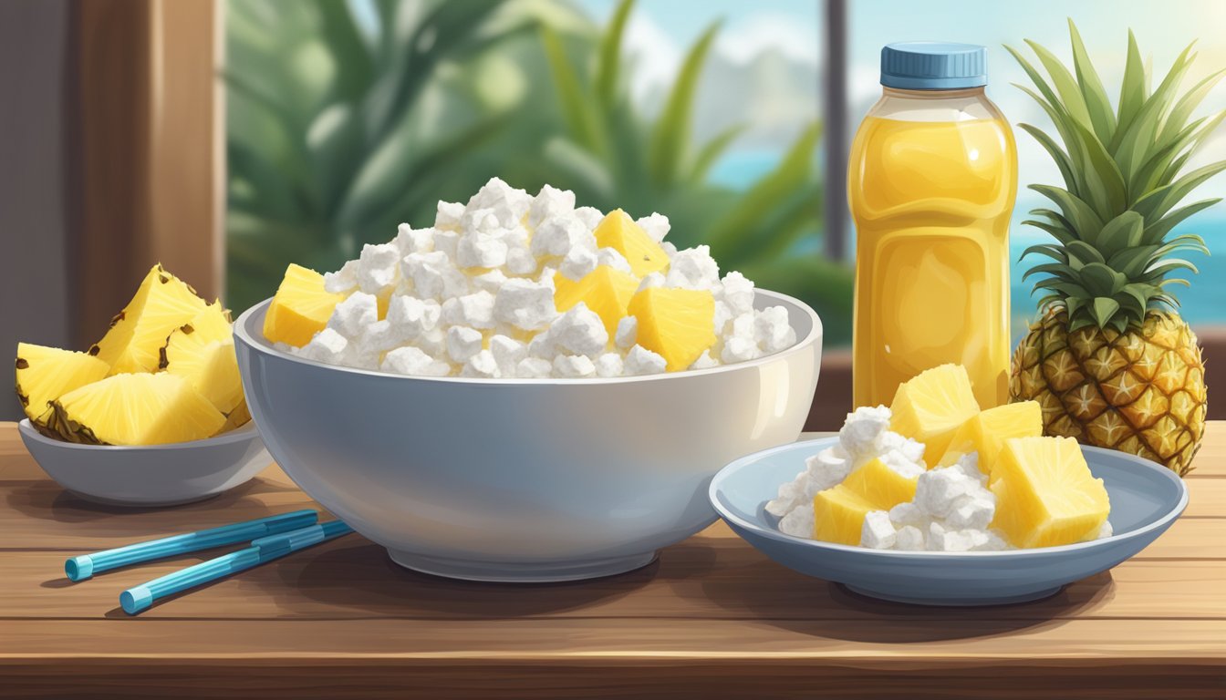 A bowl of cottage cheese topped with pineapple chunks sits on a wooden table next to a water bottle and a pair of earphones