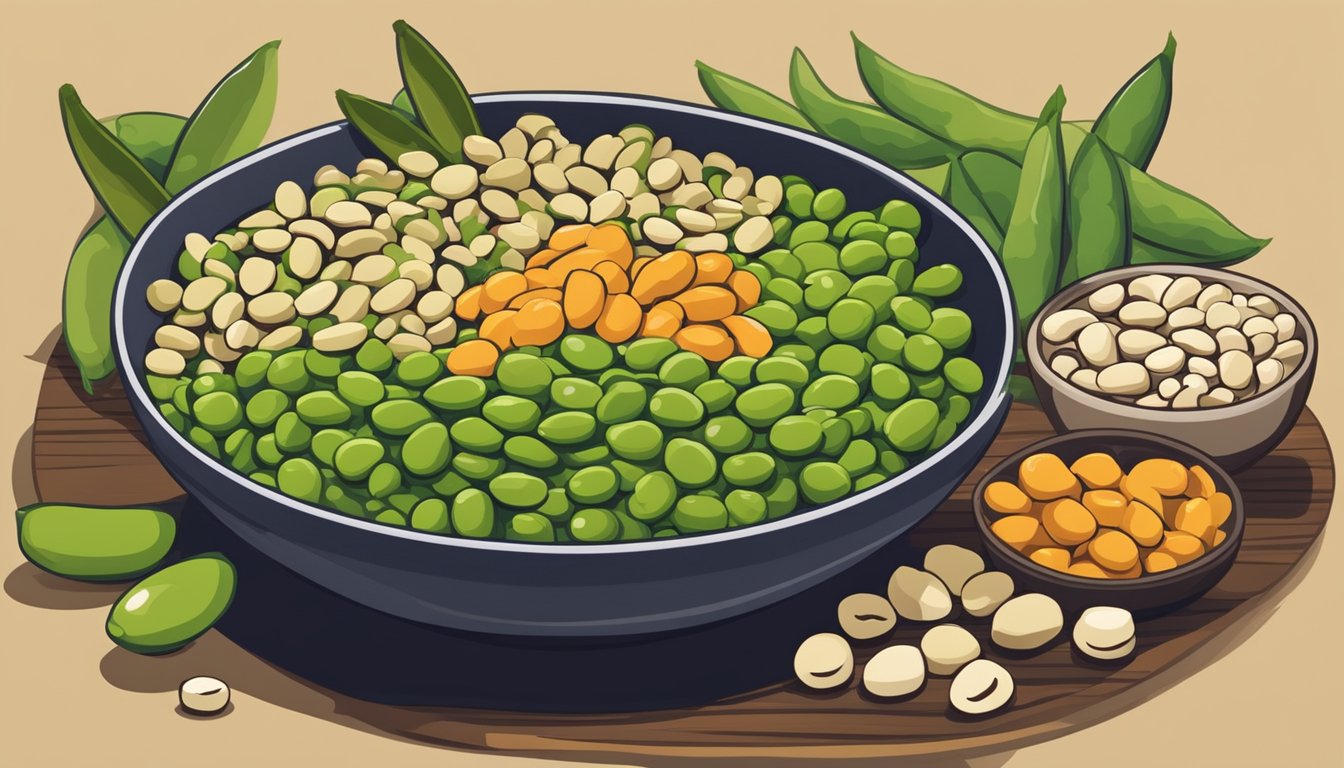 A bowl of edamame surrounded by other high-protein vegetarian foods on a wooden table