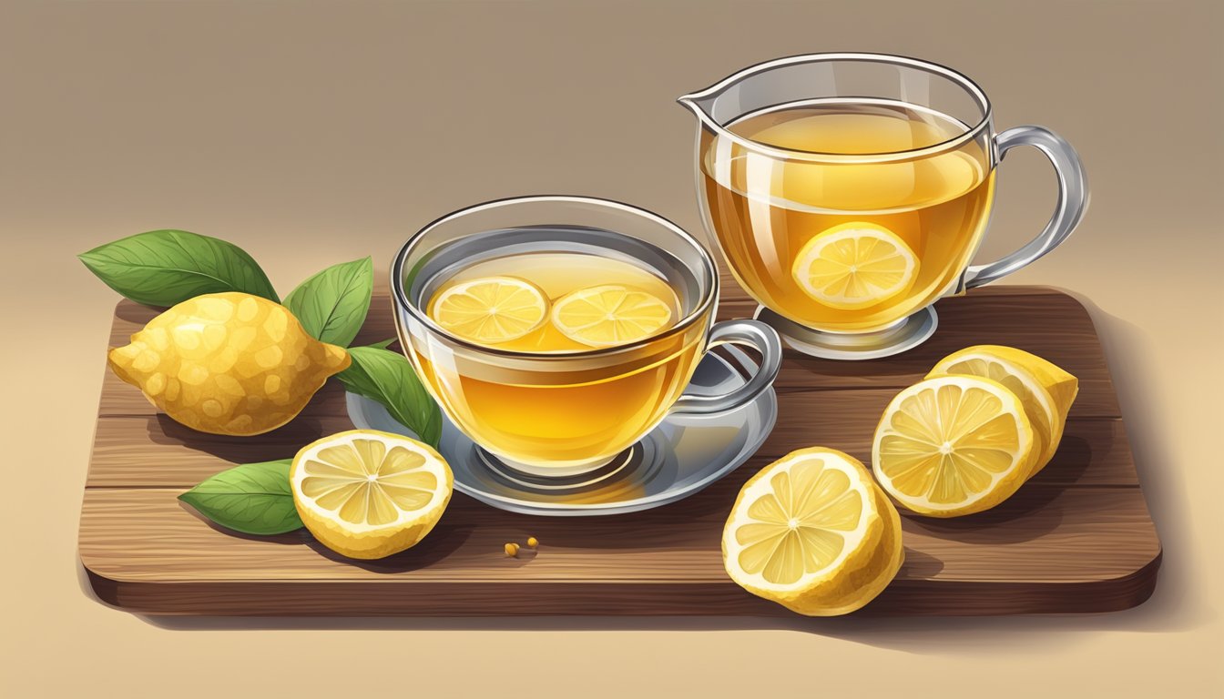 A steaming cup of ginger tea surrounded by sliced lemons and a bowl of honey on a wooden tray