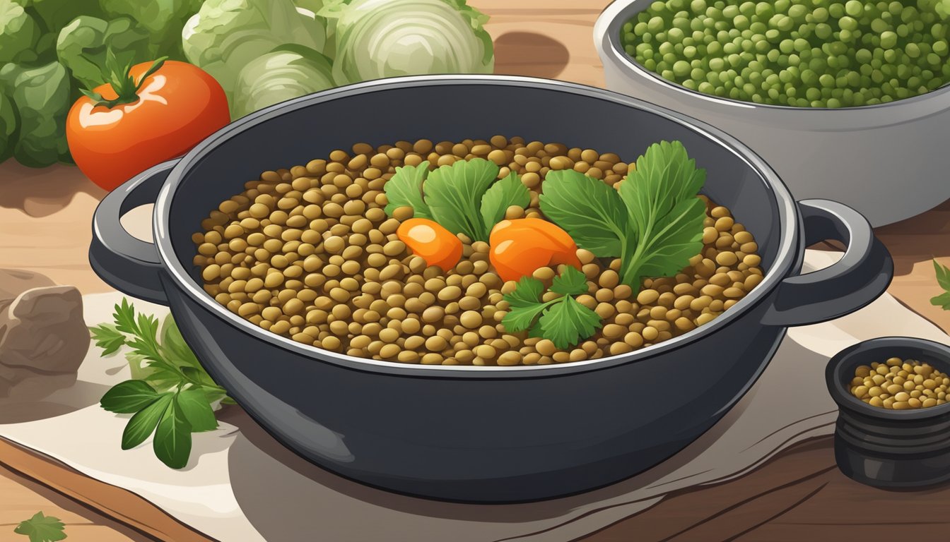 A bowl of lentils surrounded by fresh vegetables and a sprig of herbs, with a steaming pot in the background