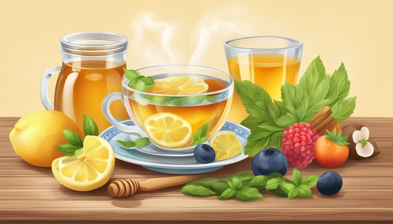 A steaming cup of honey lemon tea surrounded by fresh fruits and vegetables on a wooden table